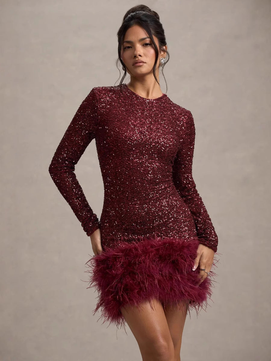 BRILUXE Long Sleeve Sequin Feather Trim Detailed Mini Dress