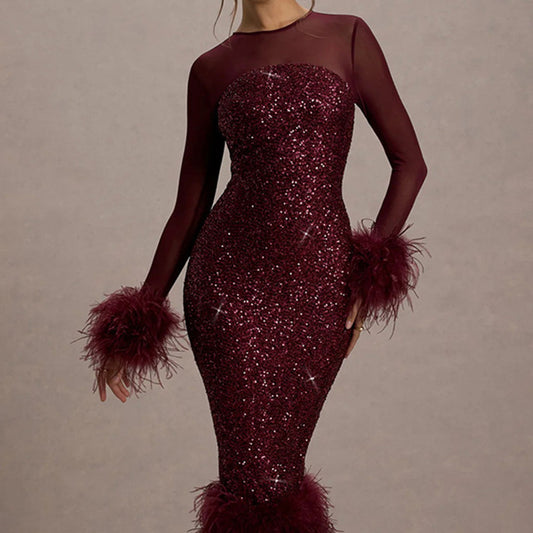 BRILUXE Long Sleeve Sequin Feather Trim Detailed Maxi Dress