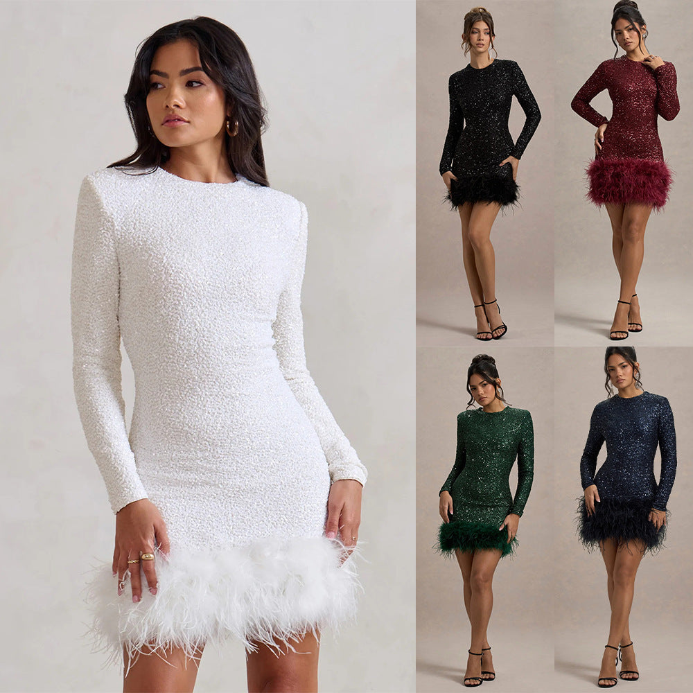 BRILUXE Long Sleeve Sequin Feather Trim Detailed Mini Dress