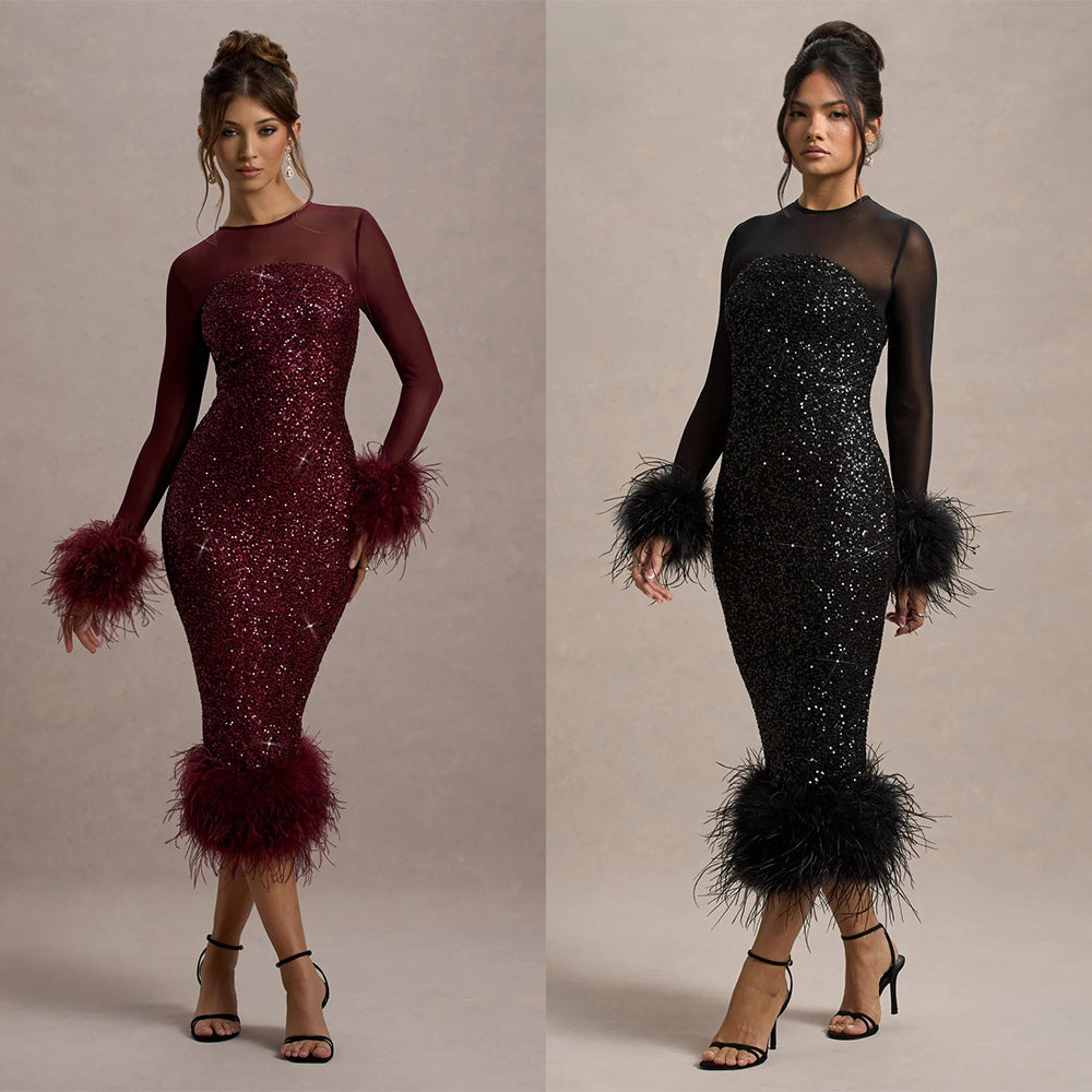 BRILUXE Long Sleeve Sequin Feather Trim Detailed Maxi Dress