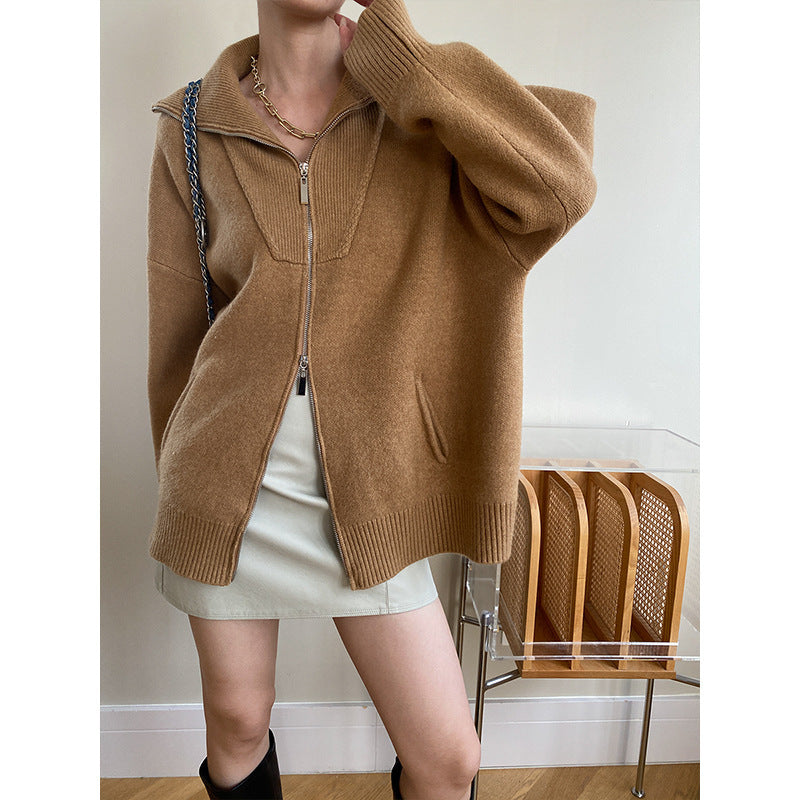 BRILUXE Double Zipper Oversized Knitted Cardigan Sweater