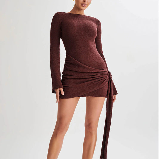 BRILUXE Knit Ruched Tie Knot Long-Sleeved Backless Mini Dress