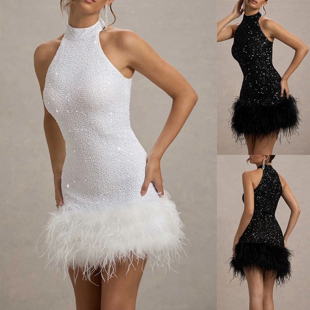 BRILUXE Sleeveless Sequin Feather Trim Detailed Mini Dress